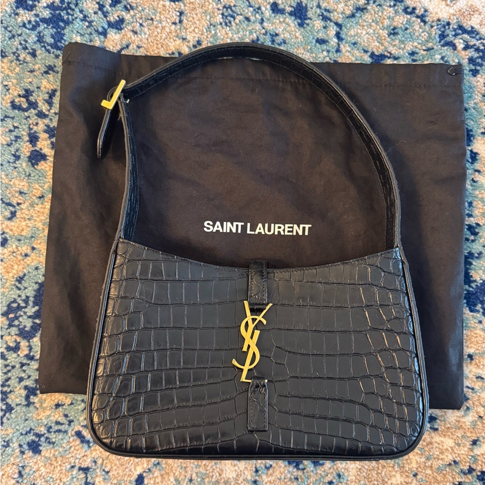 Saint Laurent Black Croc-Embossed Bag with Gold Logo
